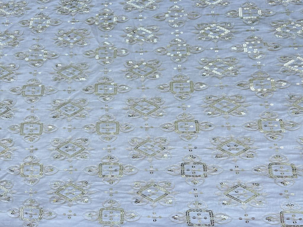 White & Golden Geometric Dyeable Chikankari Sequins Embroidered Cotton Fabric (Wholesale)