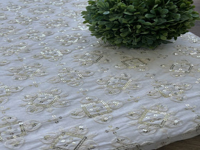 White Dyeable Chikankari Sequins Embroidered Cotton Fabric