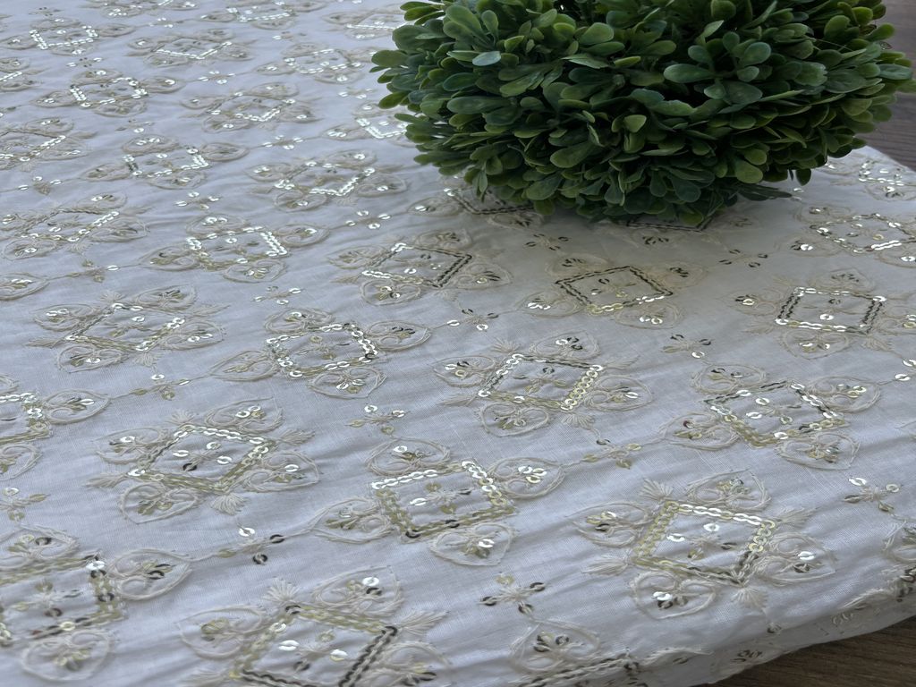 White & Golden Geometric Dyeable Chikankari Sequins Embroidered Cotton Fabric (Wholesale)