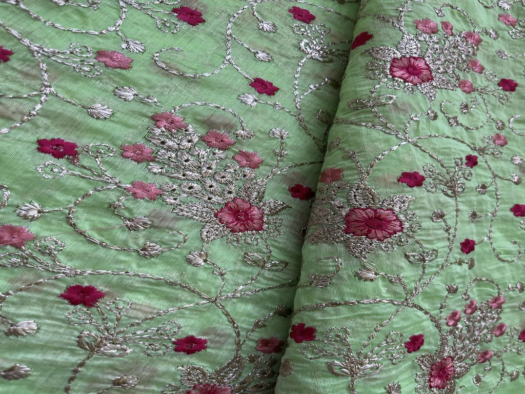 Green Floral Zardozi Embroidered Chanderi Fabric