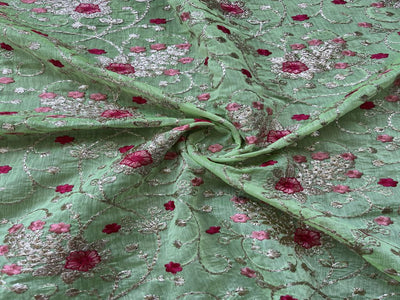 Green Floral Zardozi Embroidered Chanderi Fabric