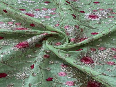 Green Floral Zardozi Embroidered Chanderi Fabric