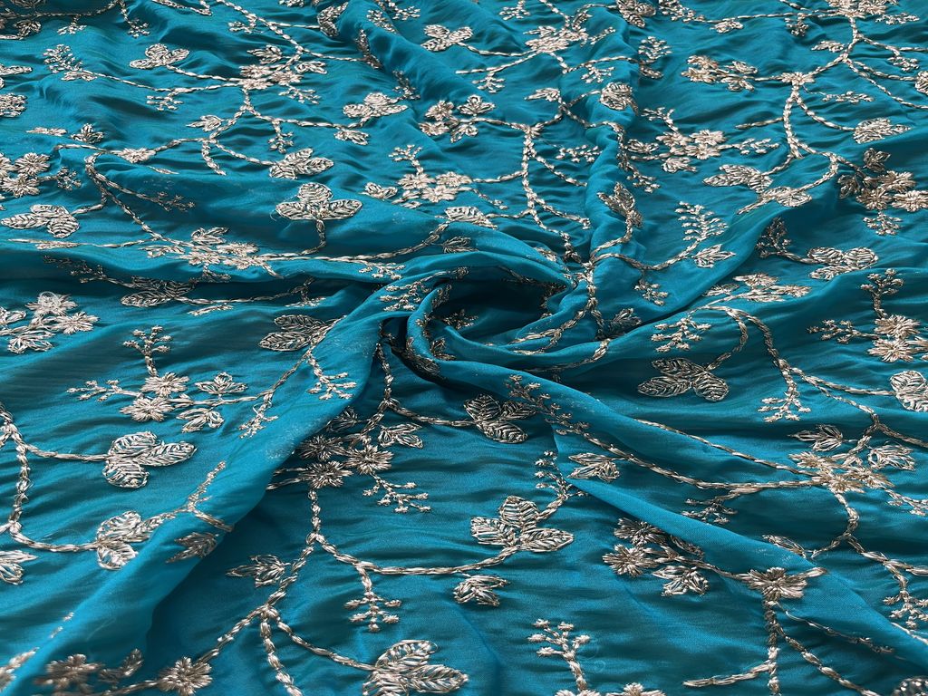 Peacock Blue & Golden  Floral Zardozi Glass Silk Georgette Fabric