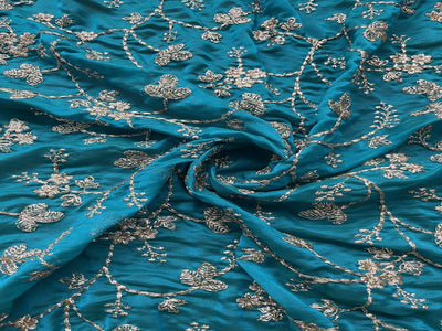 Peacock Blue & Golden  Floral Zardozi Glass Silk Georgette Fabric