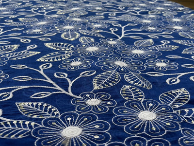 Dark Blue & White Floral Chikankari Sequins Embroidered Chanderi Fabric