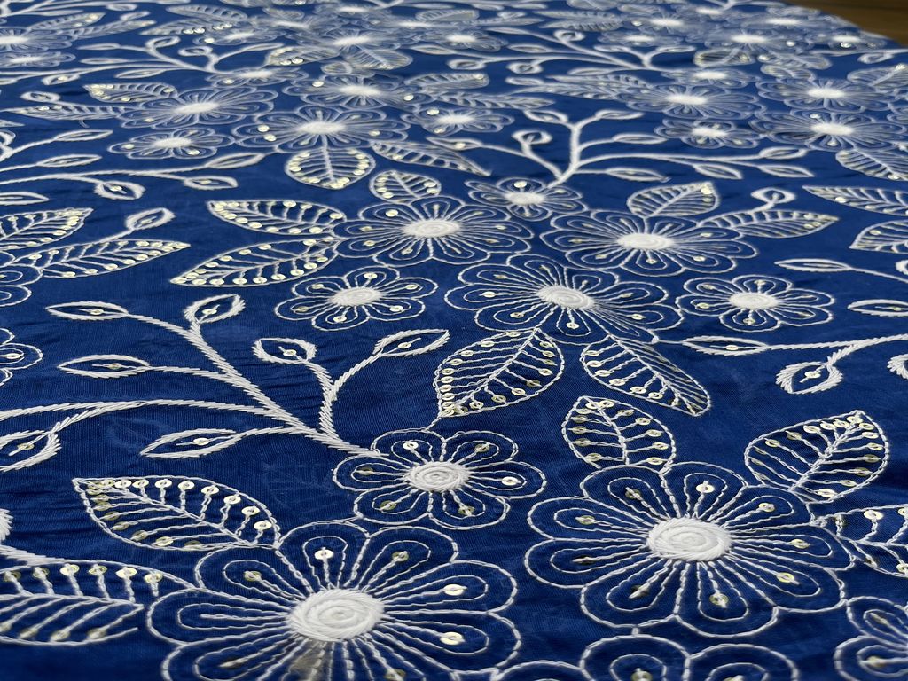 Blue Floral Chikankari & Sequins Embroidered Chanderi Fabric (Wholesale)