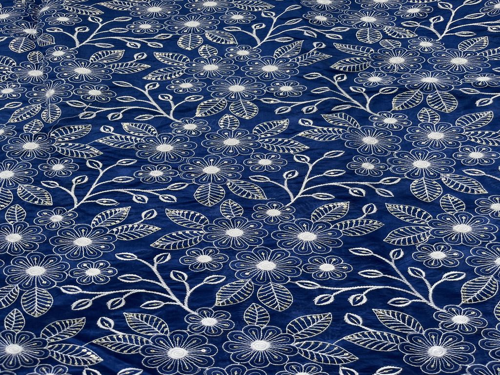 Dark Blue & White Floral Chikankari Sequins Embroidered Chanderi Fabric