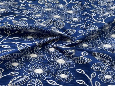 Dark Blue & White Floral Chikankari Sequins Embroidered Chanderi Fabric