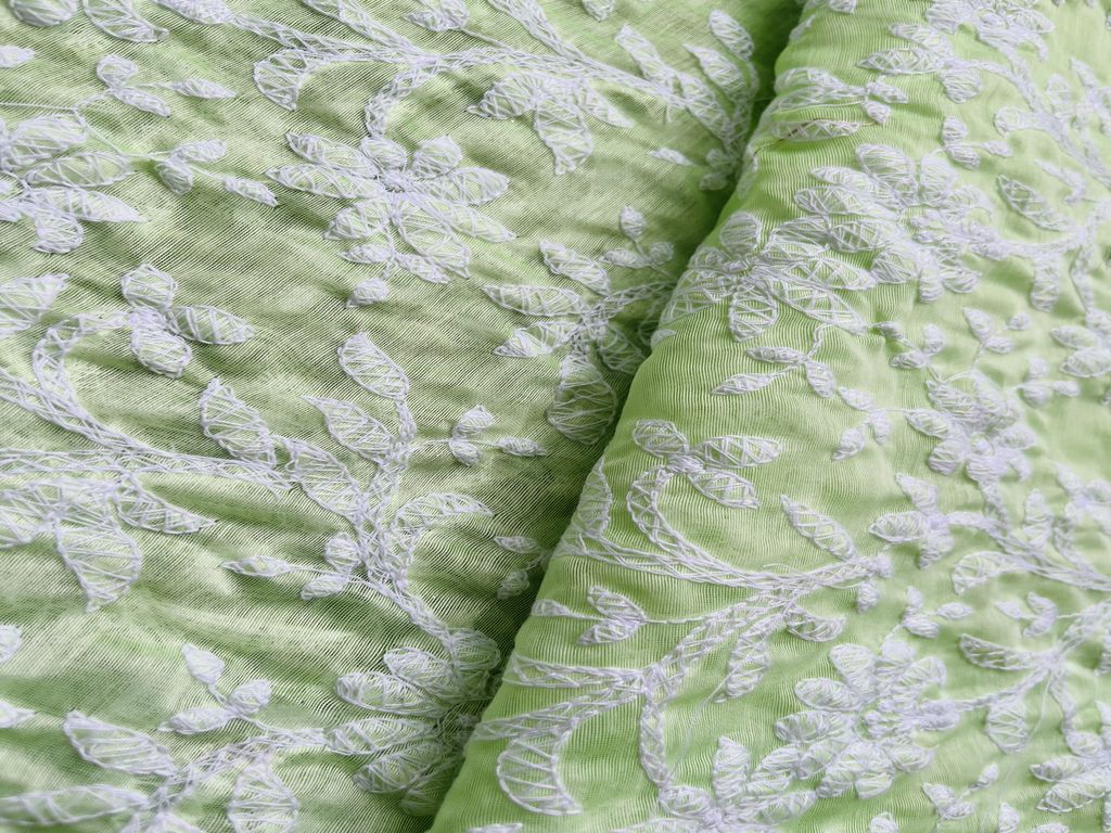 Mint Green Floral Lakhnavi Chikankari Chanderi Fabric