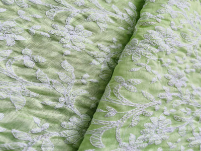 Mint Green & White Traditional Lakhnavi Chikankari Work Chanderi Fabric (Wholesale)