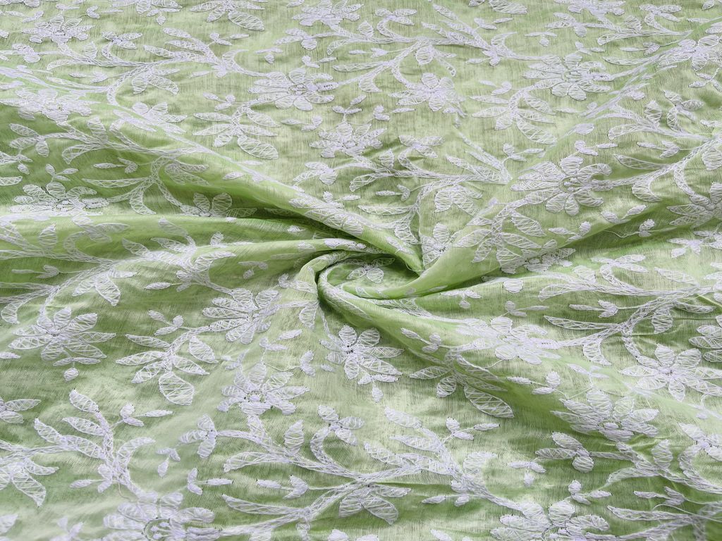 Mint Green & White Traditional Lakhnavi Chikankari Work Chanderi Fabric (Wholesale)