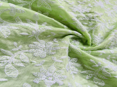 Mint Green Floral Lakhnavi Chikankari Chanderi Fabric
