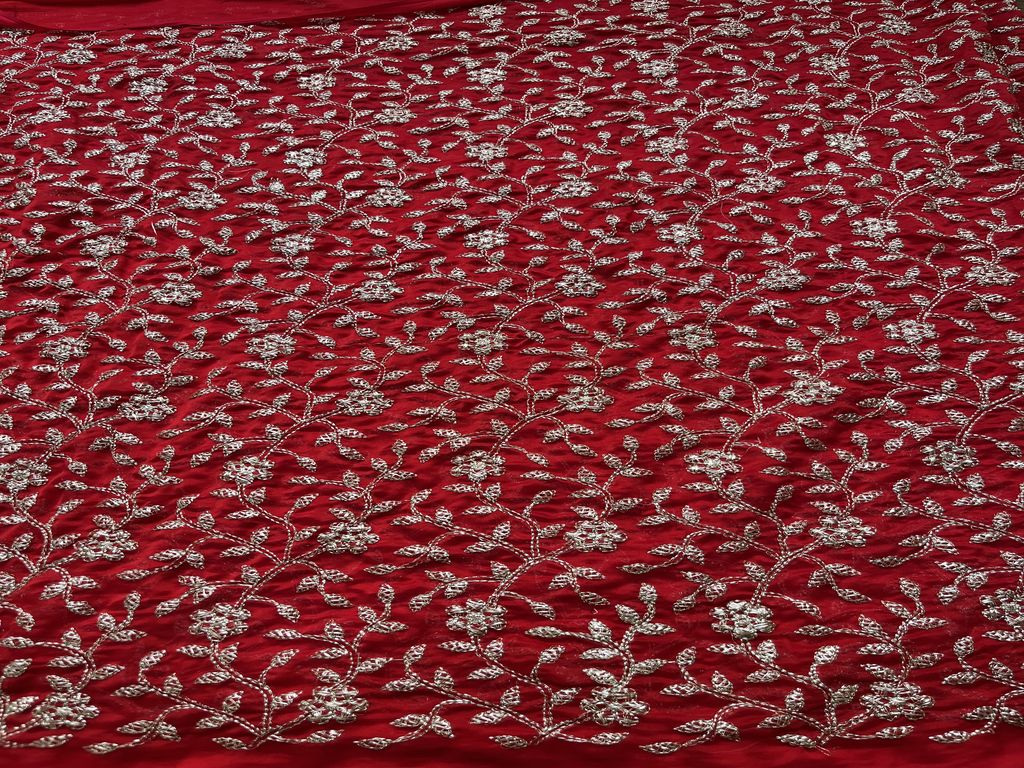 Red & Golden Floral Zardozi Glass Silk Tissue Fabric