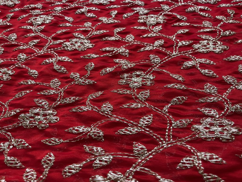 Red & Golden Floral Zardozi Glass Silk Tissue Fabric