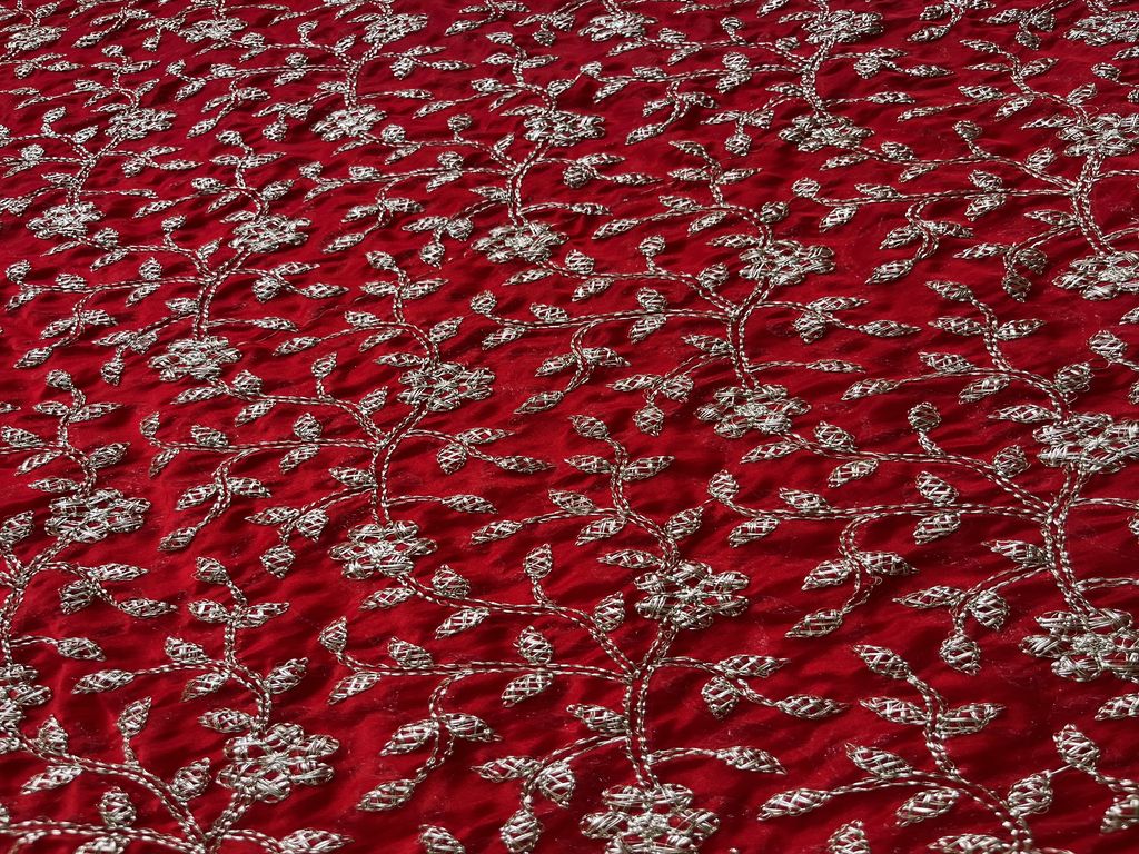 Red & Golden Floral Zardozi Glass Silk Tissue Fabric