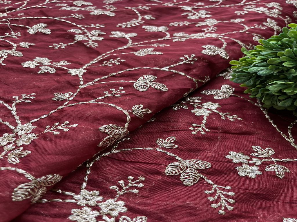 Maroon Floral Zardozi Embroidered Chanderi Fabric