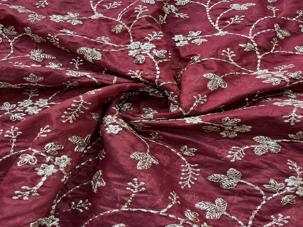 Maroon Floral Zardozi Embroidered Chanderi Fabric