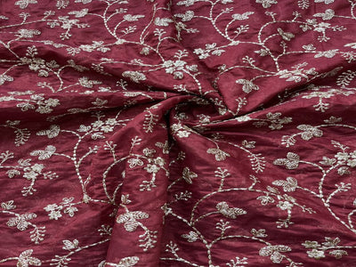 Maroon Floral Zardozi Embroidered Chanderi Fabric