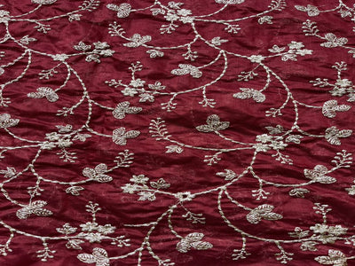 Maroon Floral Zardozi Work Embroidered Chanderi  Fabric (Wholesale)