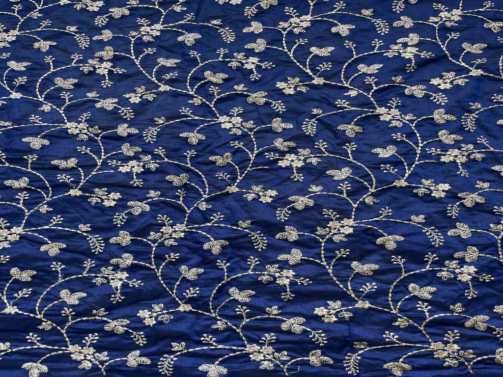 Blue Floral Zardozi Work Chanderi Fabric