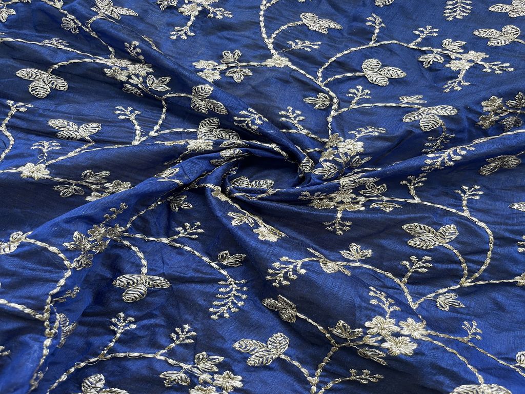 Blue Floral Zardozi Work Chanderi Fabric