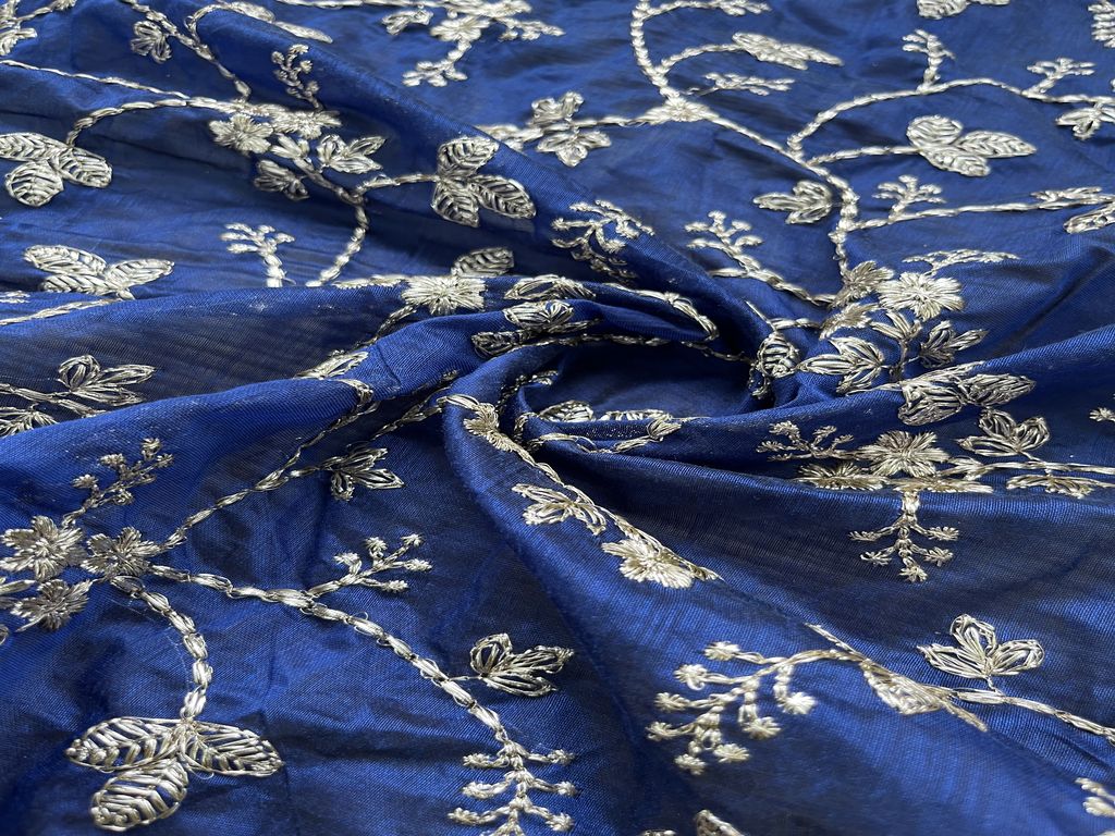 Blue Floral Zardozi Work Chanderi Fabric