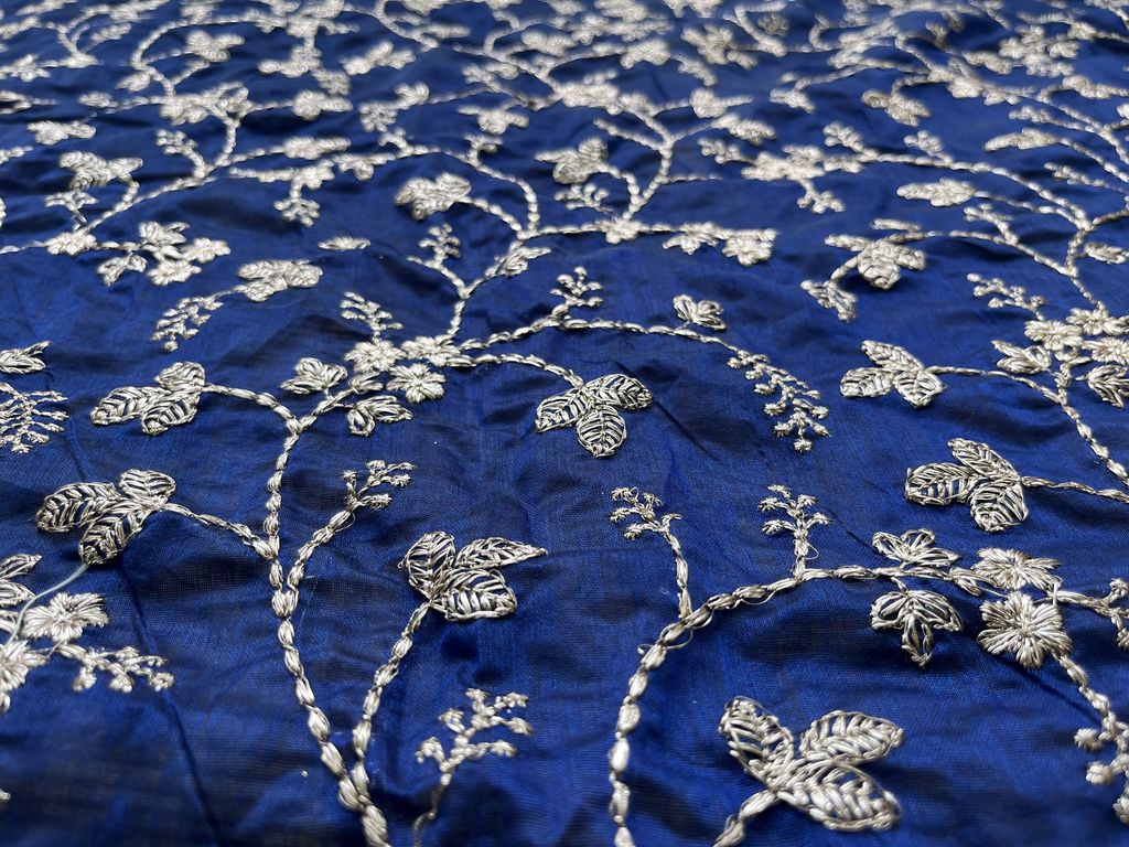 Blue Floral Zardozi Work Chanderi Fabric