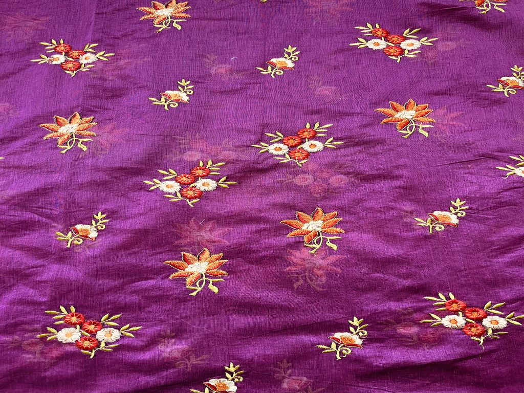 Mauve Floral Thread Embroidered Chanderi Fabric