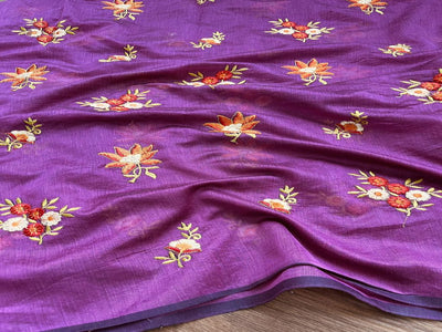 Mauve Floral Thread Embroidered Chanderi Fabric