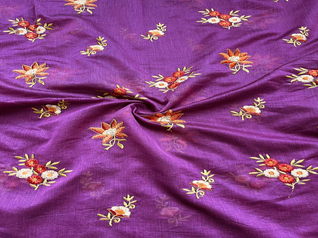 Mauve Floral Thread Embroidered Chanderi Fabric