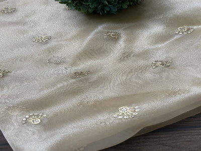 Cream Gold Motifs Sequins & Zari Embroidered Organza (Wholesale)