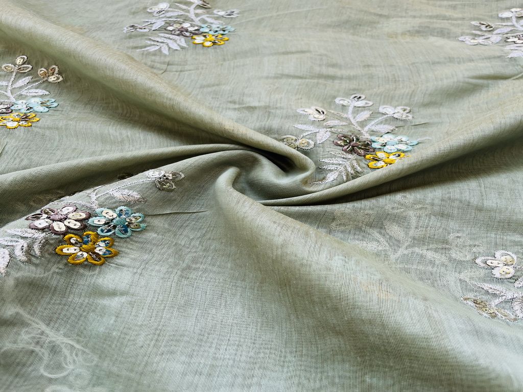 Pastel Green Floral Sequins Embroidered Chanderi Fabric (Wholesale)