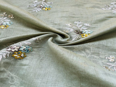 Pastel Green Floral Sequins Embroidered Chanderi Fabric (Wholesale)