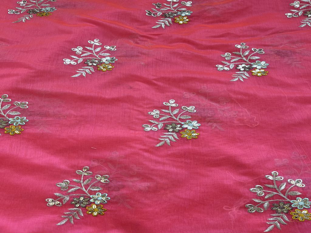 Fuschia Pink Floral Sequins Embroidered Chanderi Fabric