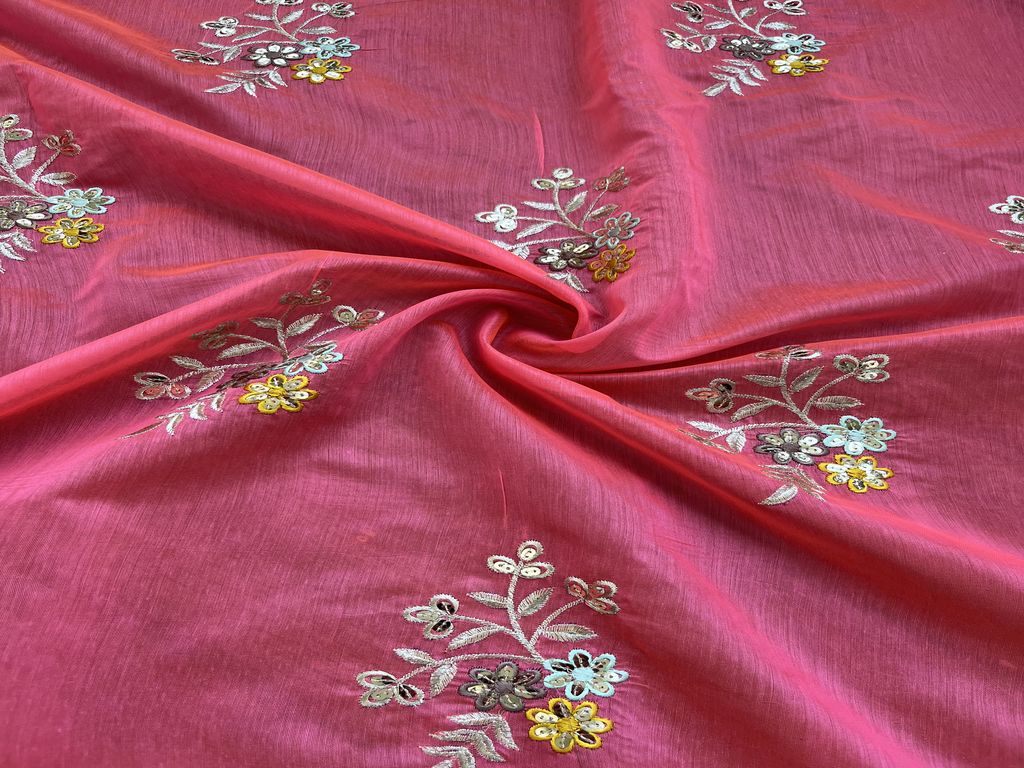 Fuschia Pink Floral Sequins Embroidered Chanderi Fabric