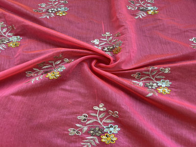 Fuschia Pink Floral Sequins Embroidered Chanderi Fabric