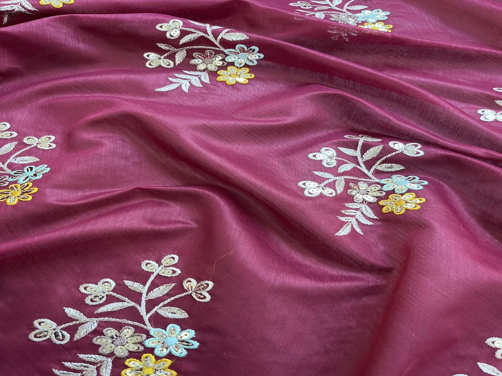 Maroon Floral Sequins Embroidered Chanderi Fabric