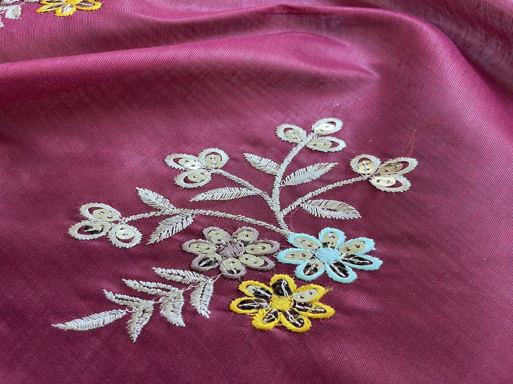 Maroon Floral Sequins Embroidered Chanderi Fabric