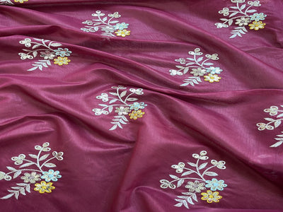 Maroon Floral Sequins Embroidered Chanderi Fabric