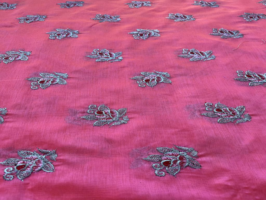 Bright Pink Floral Motifs With Zari Thread Embroidered Chanderi Fabric