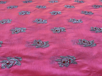 Bright Pink Floral Motifs With Zari Thread Embroidered Chanderi Fabric