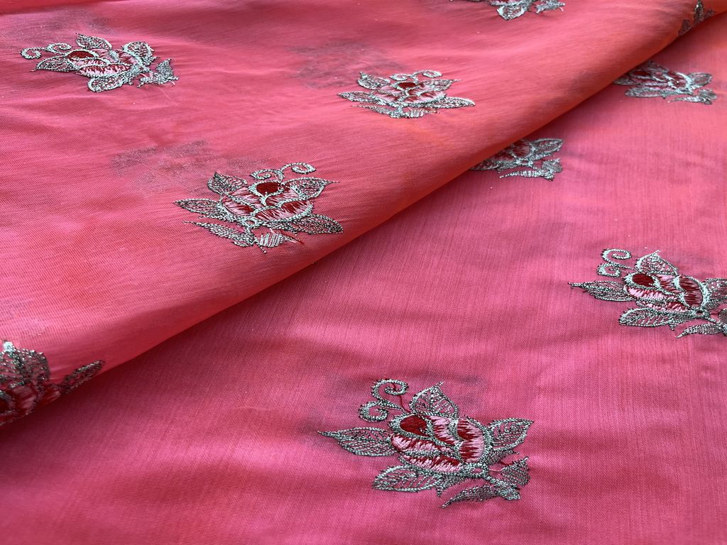 Bright Pink Floral Motifs With Zari Thread Embroidered Chanderi Fabric