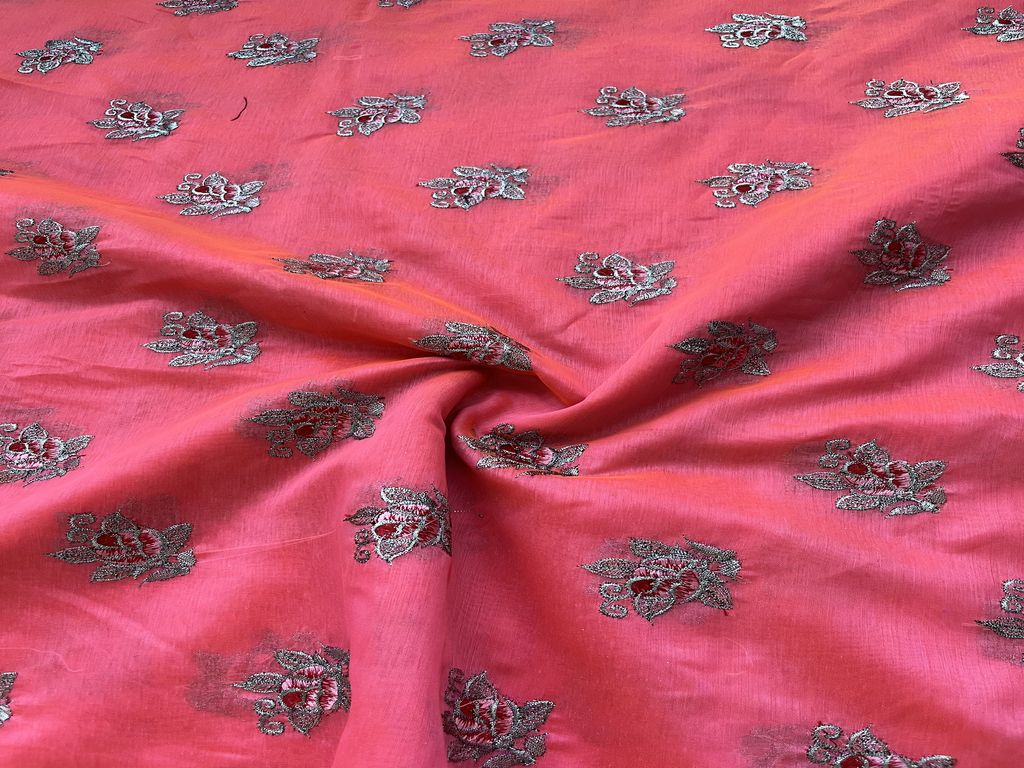 Bright Pink Floral Chanderi with Zari & Thread Embroidered Fabric