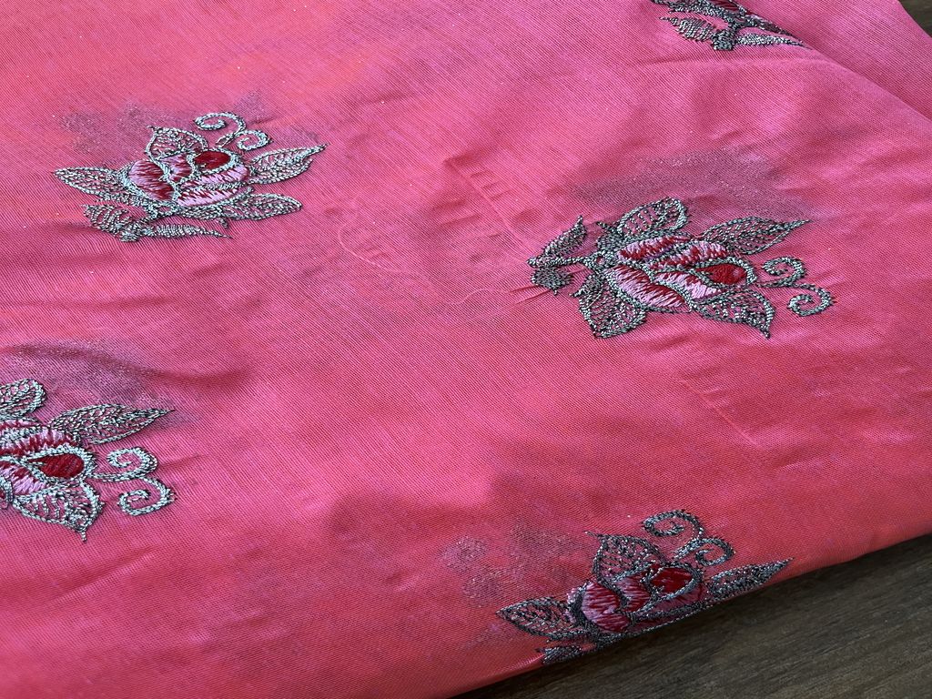 Bright Pink Floral Motifs With Zari Thread Embroidered Chanderi Fabric