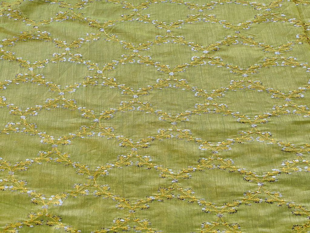 Lime Green Floral Sequins Embroidered Chanderi Fabric