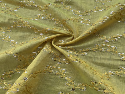 Lime Green Floral Sequins Embroidered Chanderi Fabric