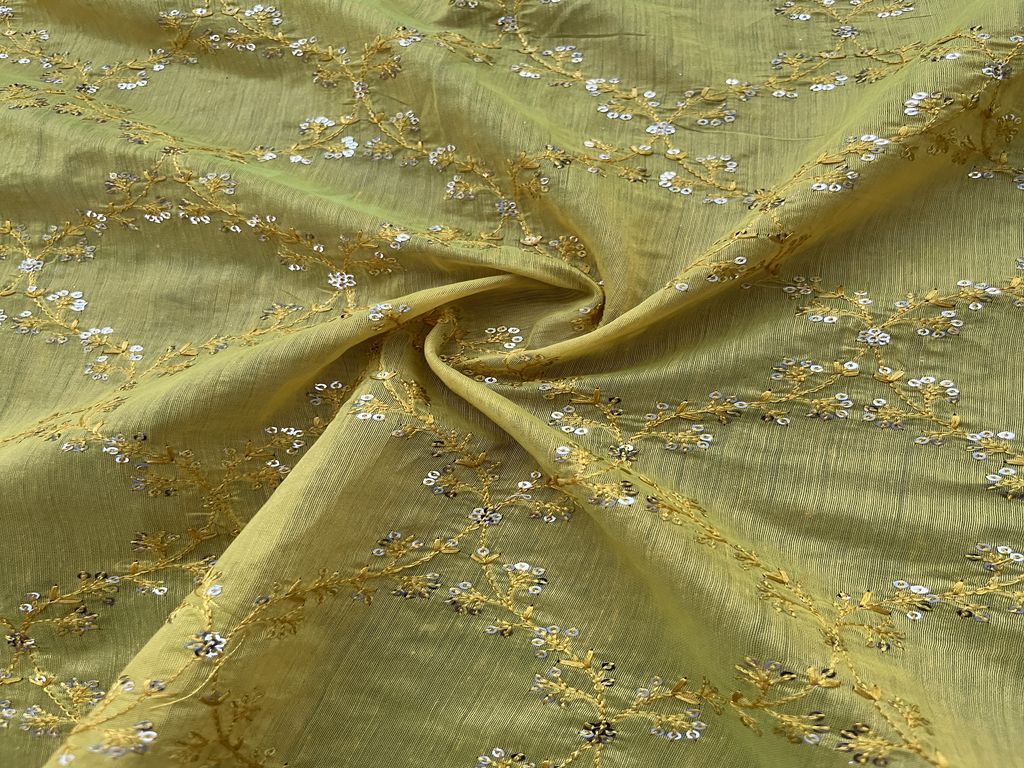 Lime Green Sequins Embroidered Chanderi Fabric (Wholesale)