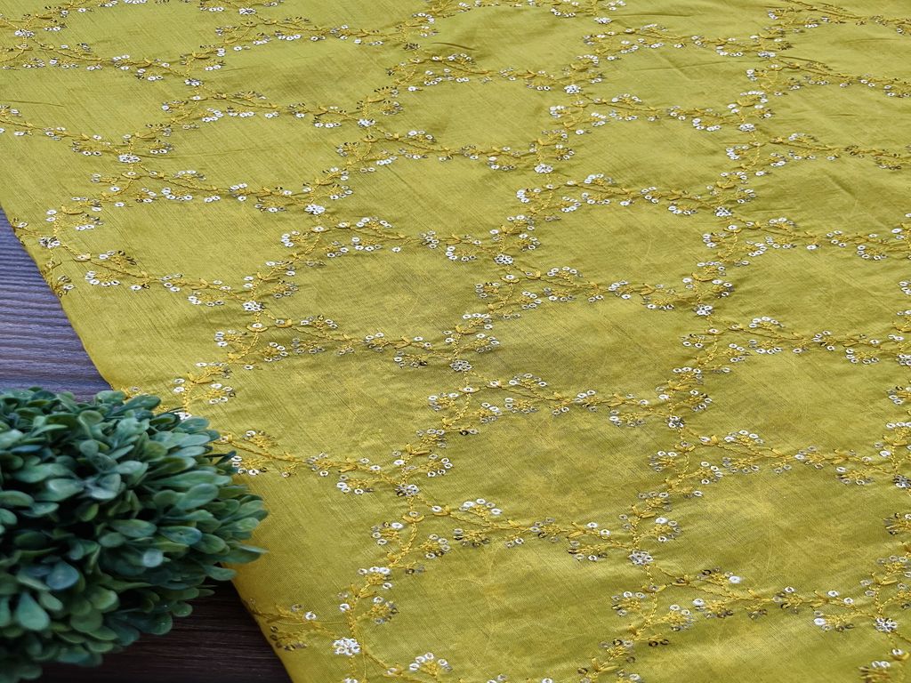 Lime Green Floral Sequins Embroidered Chanderi Fabric