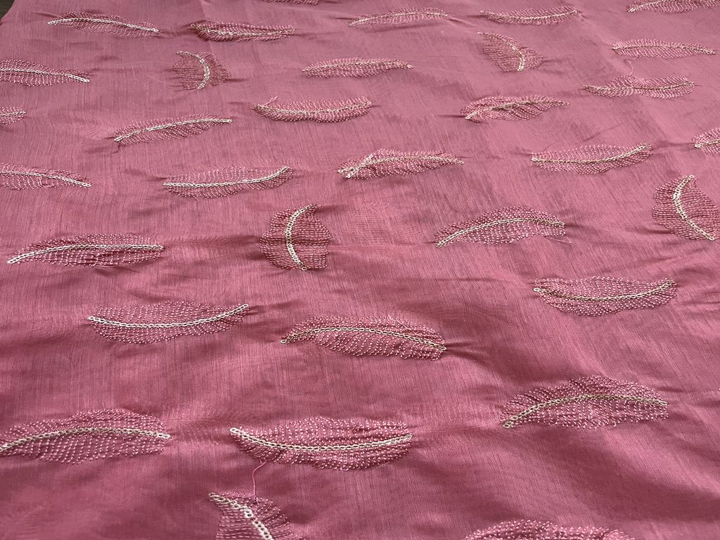 Rose Pink Morifs Embroidered Chanderi Fabric