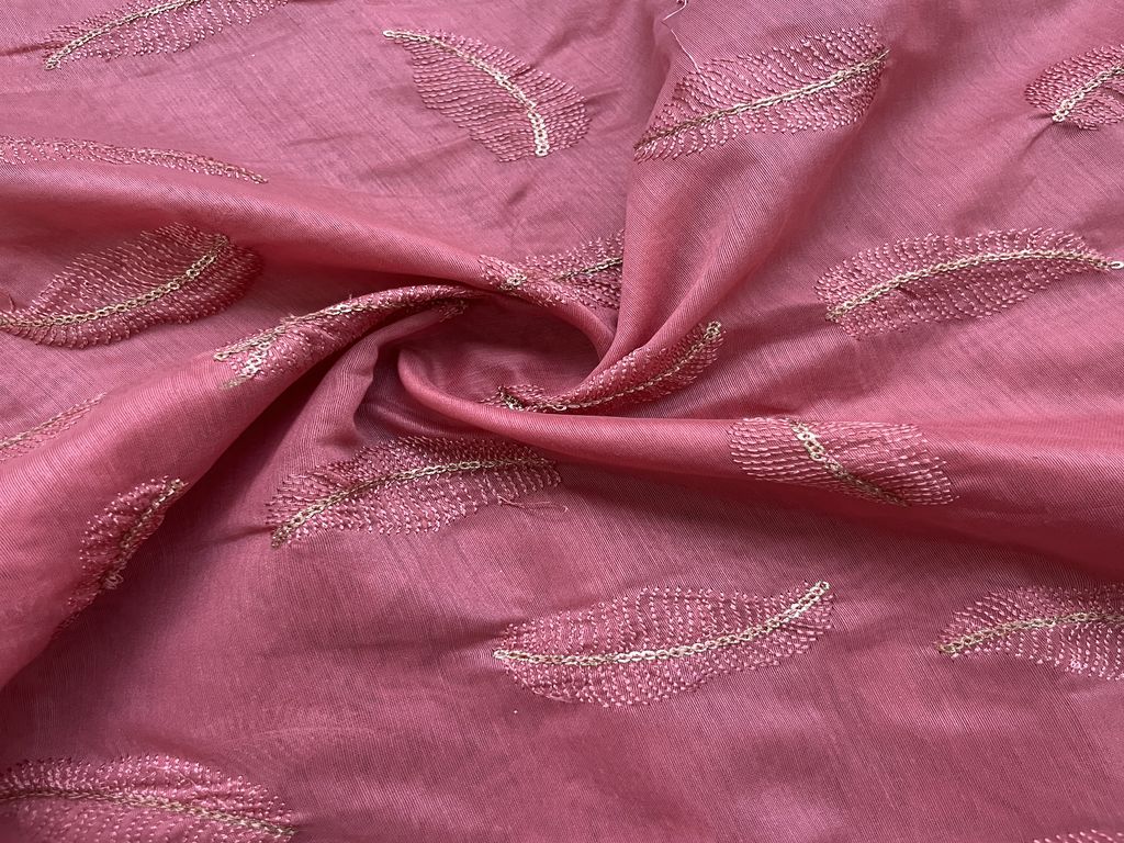 Rose Pink Morifs Embroidered Chanderi Fabric